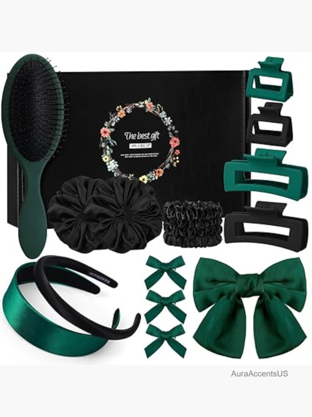 25 Piece Hair Accessories Set - Scrunchies, Claw Clips, Bows, Brush
